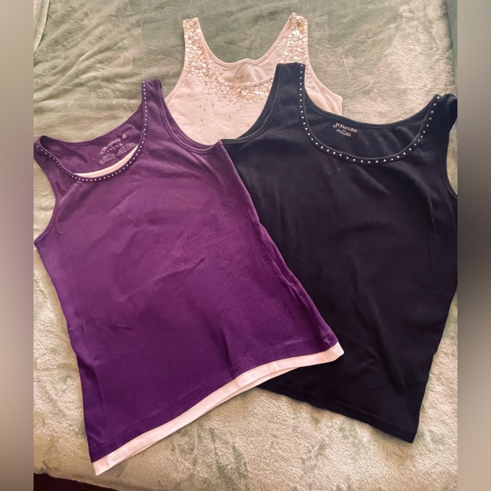 3 Tank Tops:,Mossimo XL St John’s Bay XL, Green Source L, Soft, Comfy, Sequins
